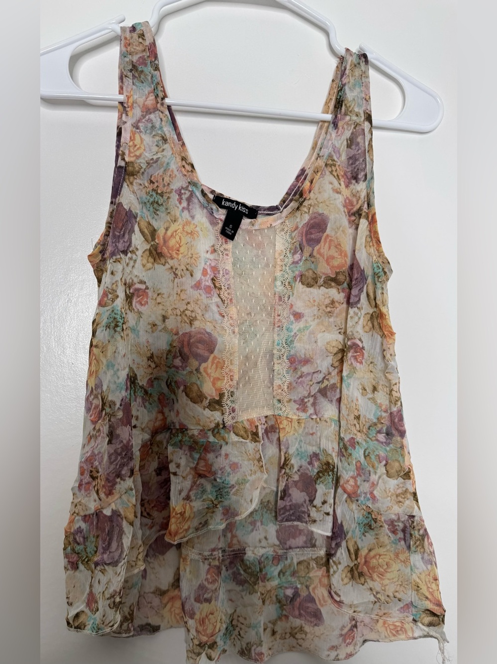 Kendry Kisses Pastel Floral Sheer Lace-Panel Camisole flowy size small